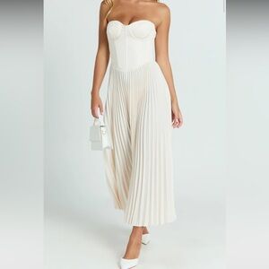 Strapless Pleated Midi Dress in Cream